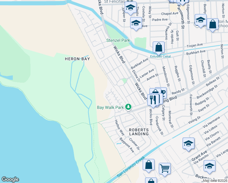 map of restaurants, bars, coffee shops, grocery stores, and more near 2213 Wigeon Court in San Leandro