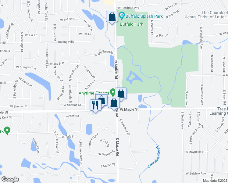 map of restaurants, bars, coffee shops, grocery stores, and more near 165 South Maize Road in Wichita