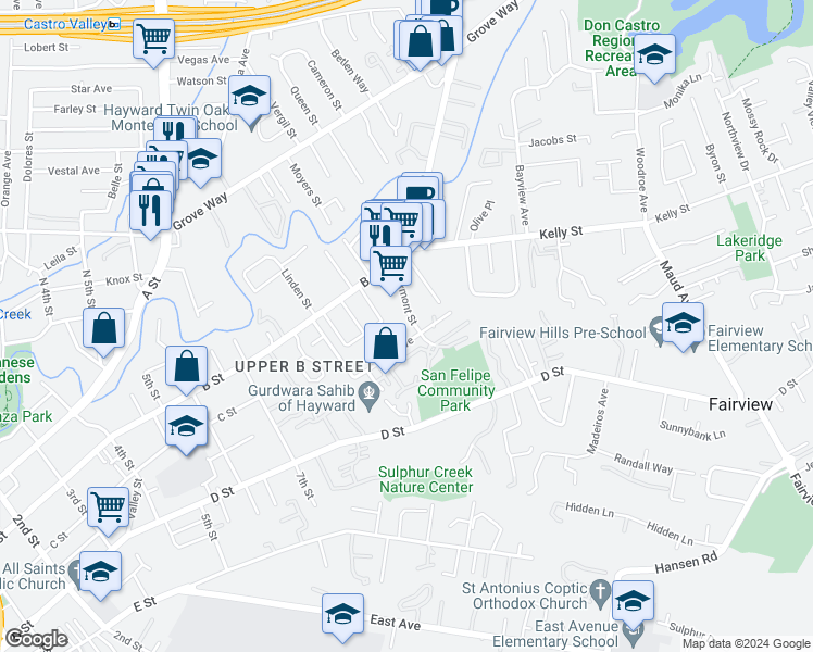 map of restaurants, bars, coffee shops, grocery stores, and more near 22782 Vermont Street in Hayward