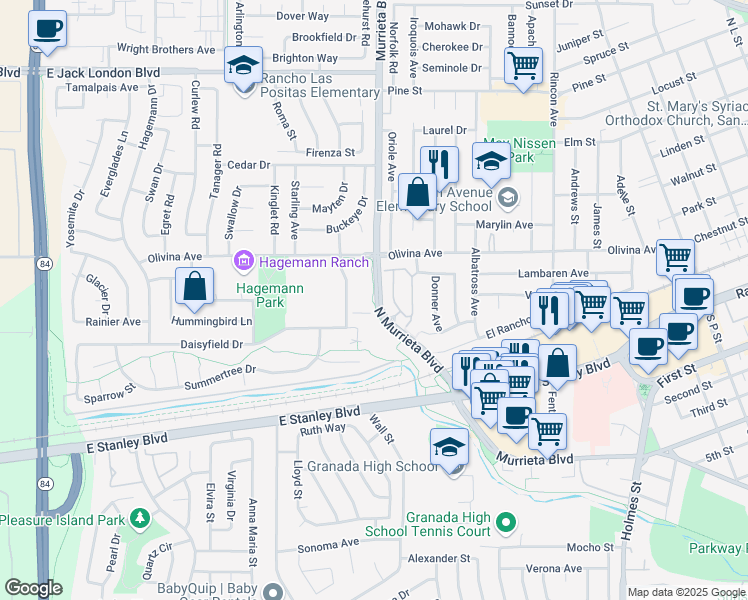 map of restaurants, bars, coffee shops, grocery stores, and more near 228 North Murrieta Boulevard in Livermore