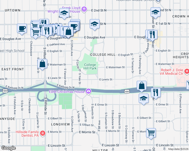 map of restaurants, bars, coffee shops, grocery stores, and more near 3772-3798 South Circle Drive in Wichita