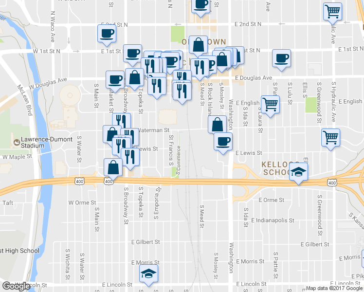 map of restaurants, bars, coffee shops, grocery stores, and more near 424 South Commerce Street in Wichita