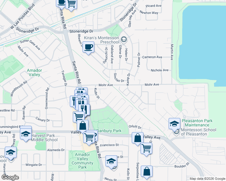 map of restaurants, bars, coffee shops, grocery stores, and more near 4117 Hazelhurst Court in Pleasanton
