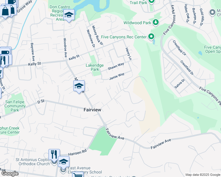 map of restaurants, bars, coffee shops, grocery stores, and more near 3280 Ohlone Way in Hayward