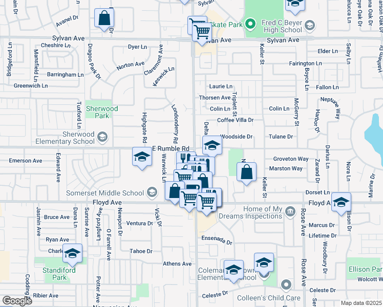map of restaurants, bars, coffee shops, grocery stores, and more near 2909 Coffee Road in Modesto