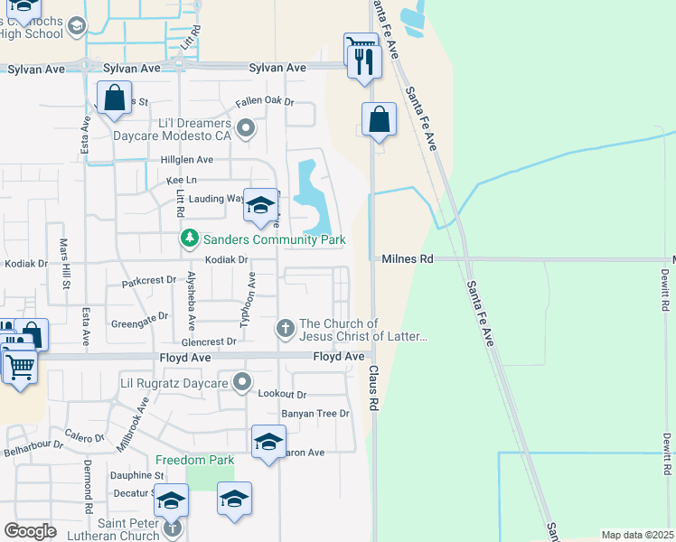 map of restaurants, bars, coffee shops, grocery stores, and more near 2844 Hawaiian Petrel Avenue in Modesto