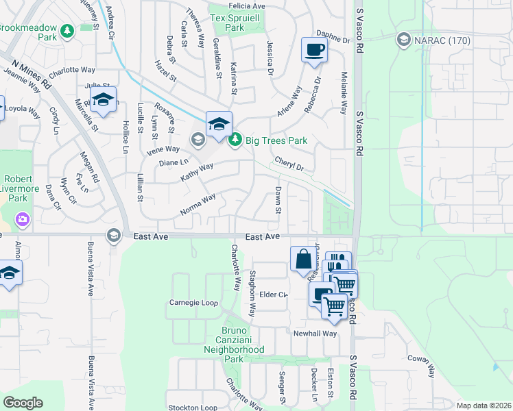 map of restaurants, bars, coffee shops, grocery stores, and more near 1755 Jennifer Drive in Livermore