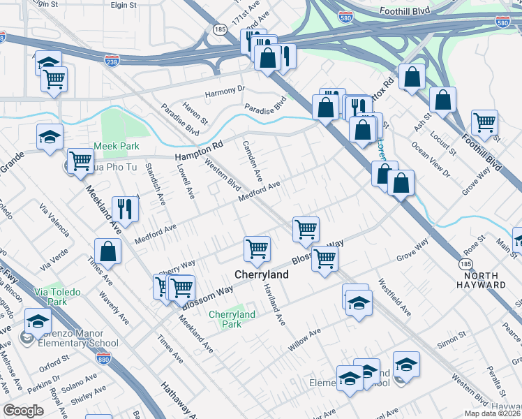 map of restaurants, bars, coffee shops, grocery stores, and more near 20555 Western Boulevard in Hayward