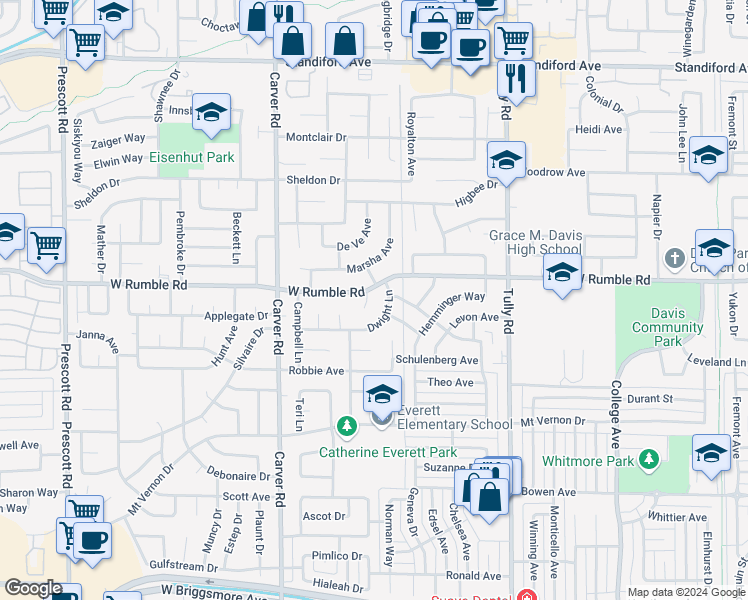 map of restaurants, bars, coffee shops, grocery stores, and more near 2820 Thornton Court in Modesto