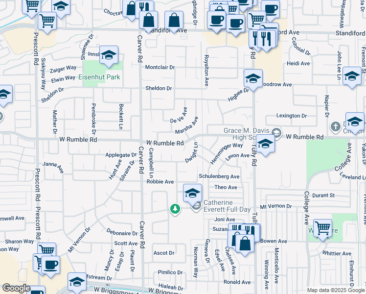map of restaurants, bars, coffee shops, grocery stores, and more near 2819 Thornton Court in Modesto