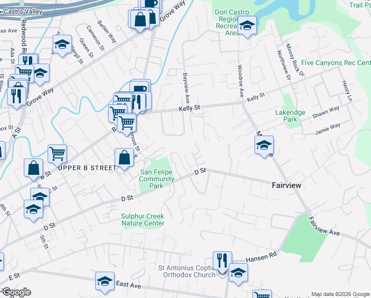 map of restaurants, bars, coffee shops, grocery stores, and more near 2254 Shell Pl in Hayward