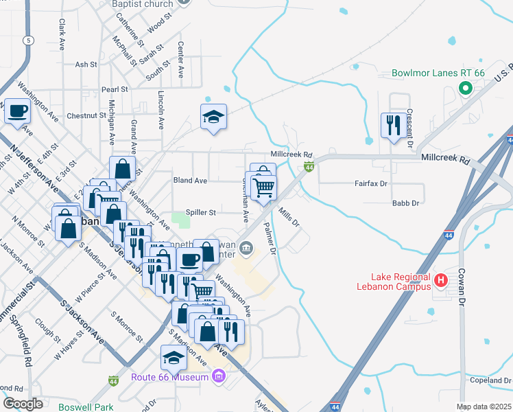 map of restaurants, bars, coffee shops, grocery stores, and more near 531 East Elm Street in Lebanon