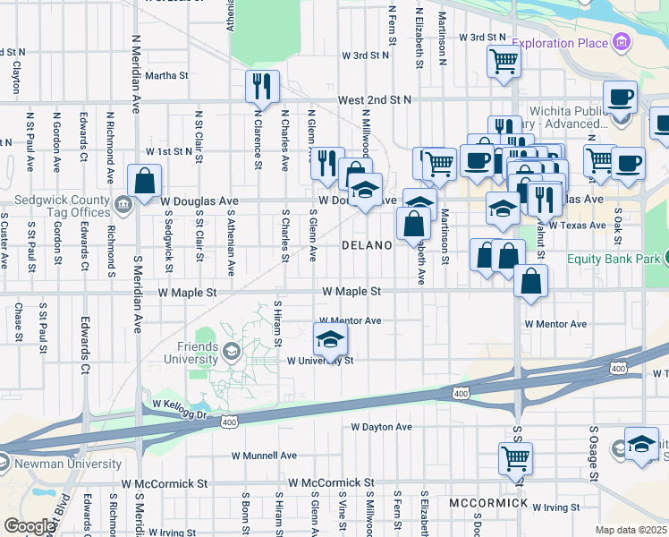 map of restaurants, bars, coffee shops, grocery stores, and more near 227 South Vine Street in Wichita