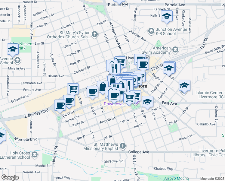 map of restaurants, bars, coffee shops, grocery stores, and more near 57 South L Street in Livermore