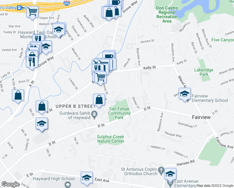 map of restaurants, bars, coffee shops, grocery stores, and more near 2139 Hill Avenue in Hayward