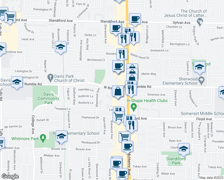 map of restaurants, bars, coffee shops, grocery stores, and more near 220 West Rumble Road in Modesto