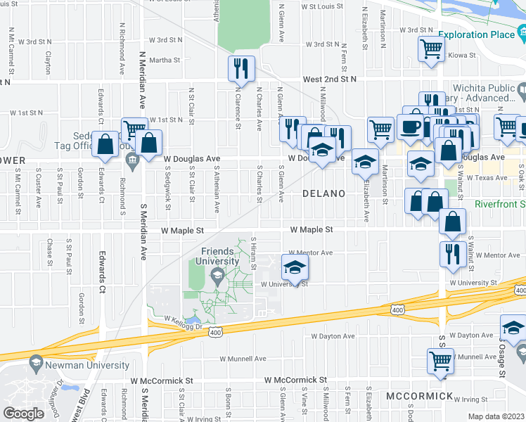 map of restaurants, bars, coffee shops, grocery stores, and more near 228 South Charles Street in Wichita