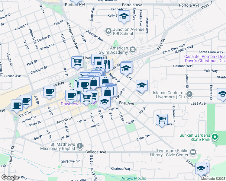 map of restaurants, bars, coffee shops, grocery stores, and more near 2397 Third Street in Livermore