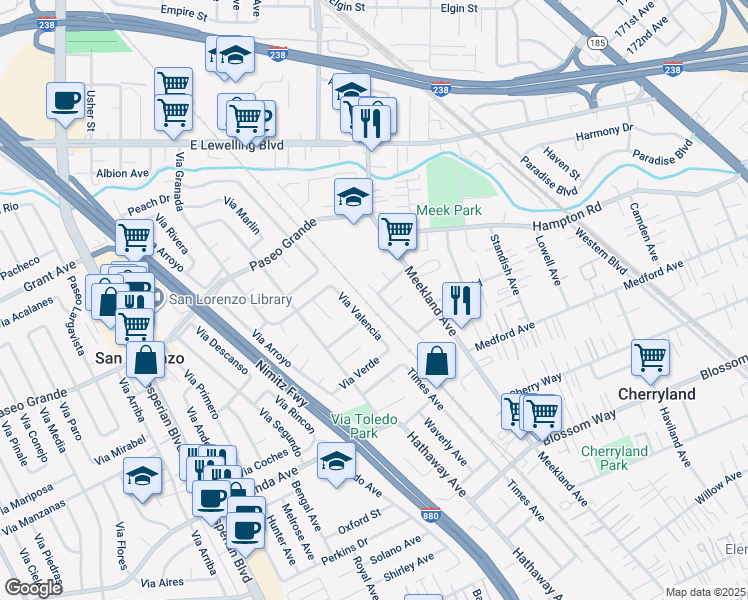 map of restaurants, bars, coffee shops, grocery stores, and more near 17779 Rainier Avenue in Hayward