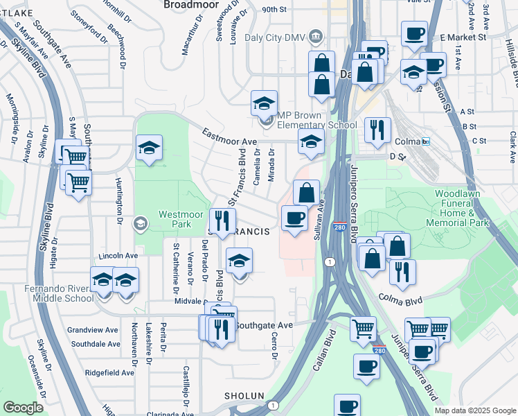 map of restaurants, bars, coffee shops, grocery stores, and more near 242 Alta Loma Avenue in Daly City