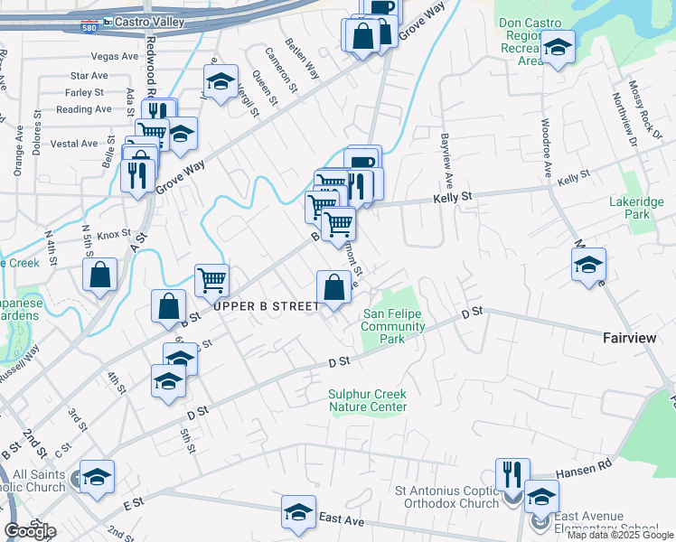 map of restaurants, bars, coffee shops, grocery stores, and more near 22676 Beech Street in Hayward
