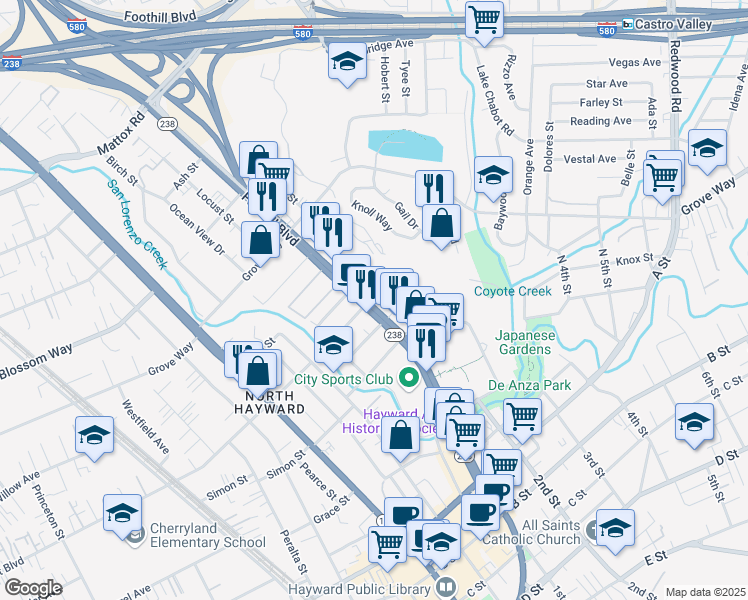map of restaurants, bars, coffee shops, grocery stores, and more near 21908 Foothill Blvd in Hayward