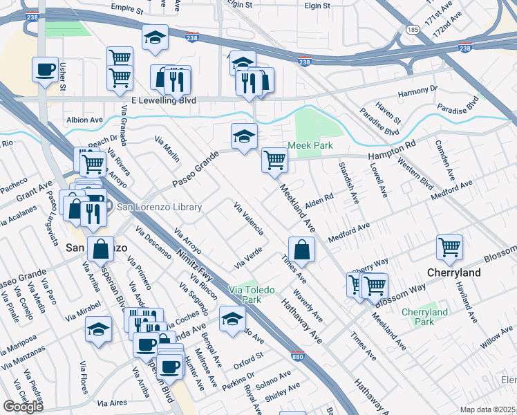 map of restaurants, bars, coffee shops, grocery stores, and more near 17779 Rainier Avenue in Hayward