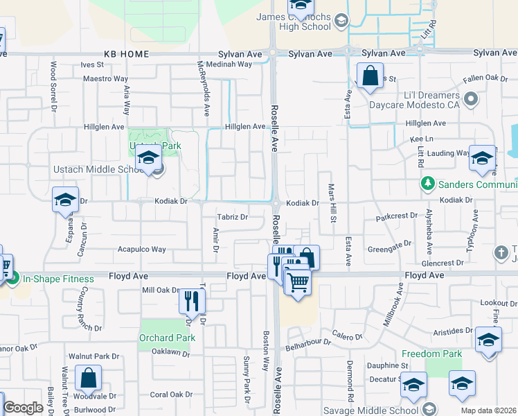 map of restaurants, bars, coffee shops, grocery stores, and more near 2993 Essie Place in Modesto