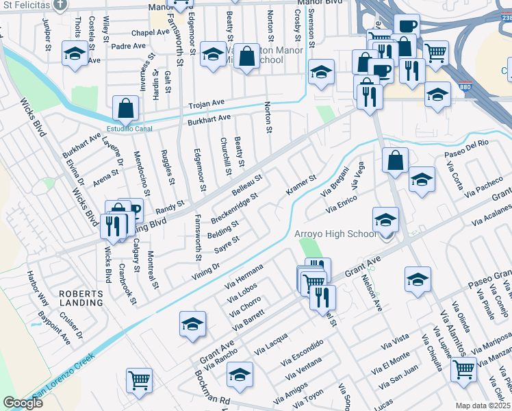 map of restaurants, bars, coffee shops, grocery stores, and more near 1205 Duzmal Avenue in San Leandro