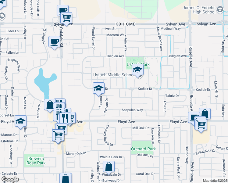 map of restaurants, bars, coffee shops, grocery stores, and more near 2508 Kodiak Drive in Modesto