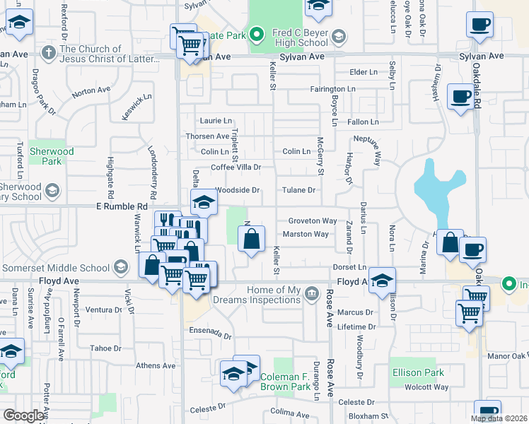 map of restaurants, bars, coffee shops, grocery stores, and more near 2921 Keller Street in Modesto