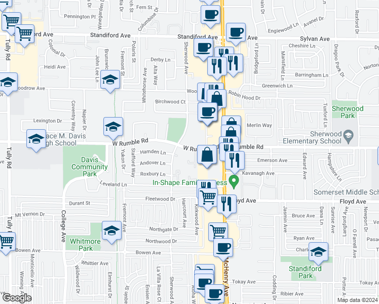 map of restaurants, bars, coffee shops, grocery stores, and more near 2852 Sherwood Avenue in Modesto
