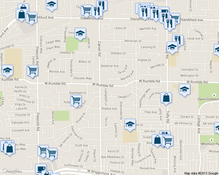 map of restaurants, bars, coffee shops, grocery stores, and more near in Modesto