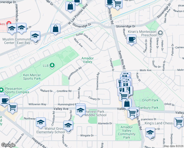 map of restaurants, bars, coffee shops, grocery stores, and more near 4820 Pipit Court in Pleasanton