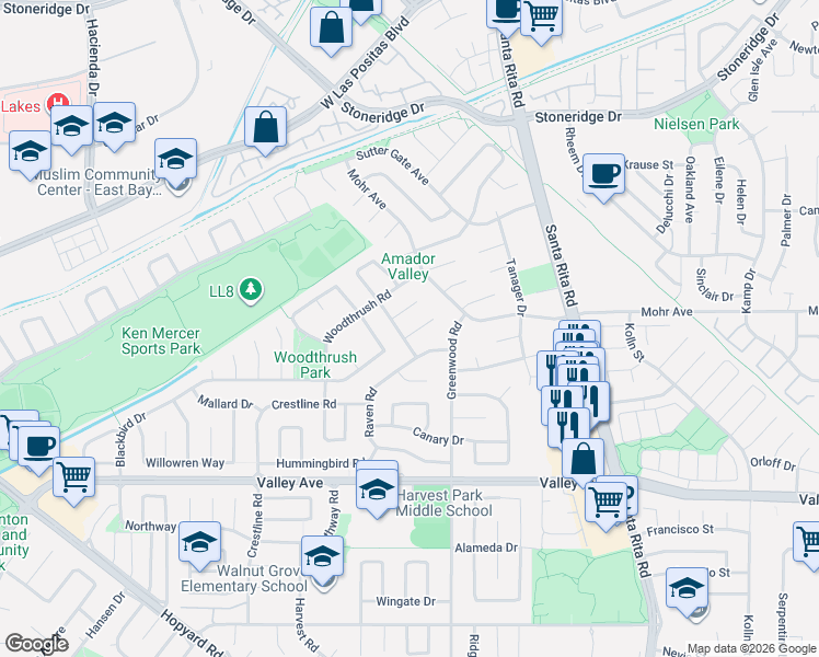 map of restaurants, bars, coffee shops, grocery stores, and more near 4892 Ganner Court in Pleasanton
