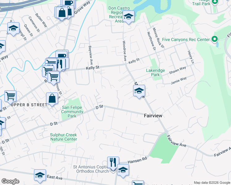 map of restaurants, bars, coffee shops, grocery stores, and more near 23139 Palazzo Del Kayla in Hayward