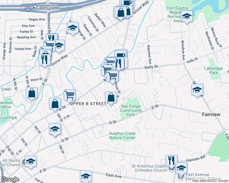 map of restaurants, bars, coffee shops, grocery stores, and more near 22782 Vermont Street in Hayward