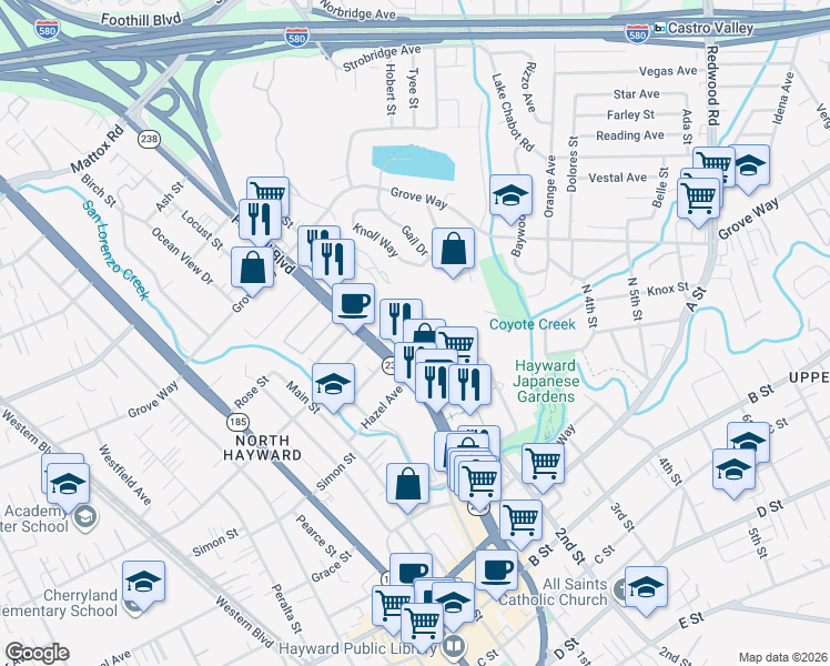 map of restaurants, bars, coffee shops, grocery stores, and more near 1307 Rex Road in Hayward