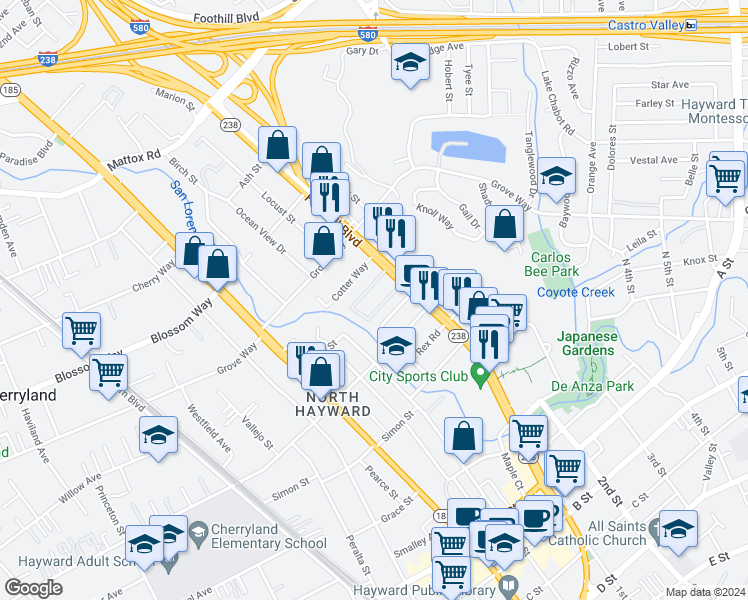 map of restaurants, bars, coffee shops, grocery stores, and more near 21701 Foothill Boulevard in Hayward