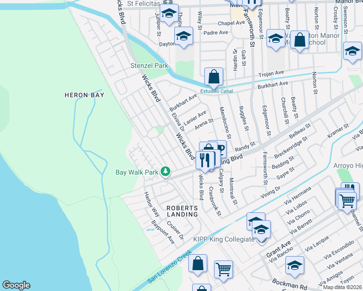 map of restaurants, bars, coffee shops, grocery stores, and more near 15355 Elvina Drive in San Leandro