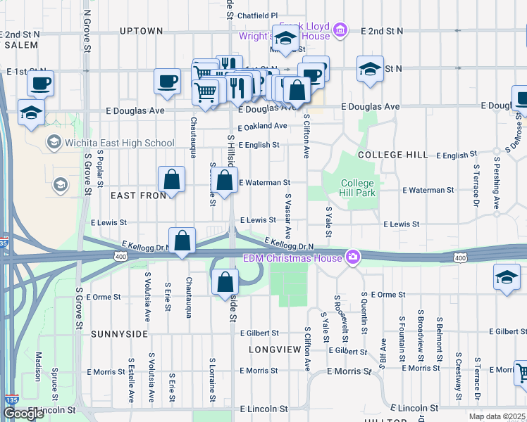 map of restaurants, bars, coffee shops, grocery stores, and more near 344 South Holyoke Street in Wichita