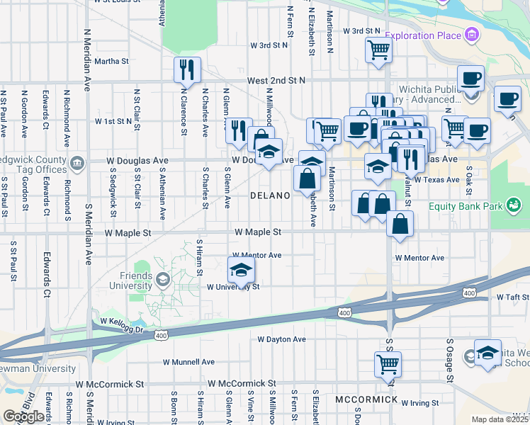 map of restaurants, bars, coffee shops, grocery stores, and more near 223 South Millwood Avenue in Wichita