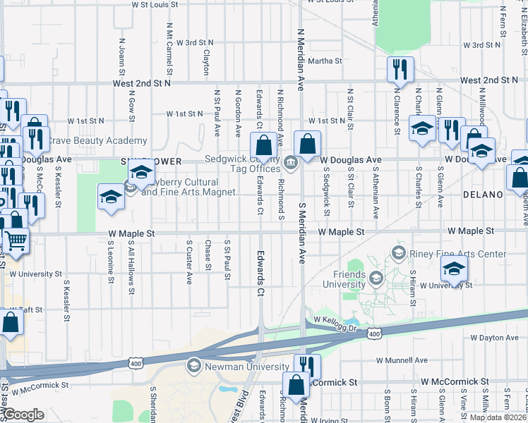 map of restaurants, bars, coffee shops, grocery stores, and more near 225 South Edwards Street in Wichita