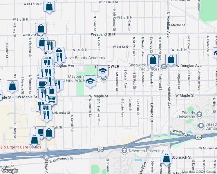 map of restaurants, bars, coffee shops, grocery stores, and more near 220 South Sheridan Street in Wichita