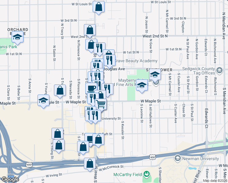 map of restaurants, bars, coffee shops, grocery stores, and more near 206-210 S Kessler St in Wichita