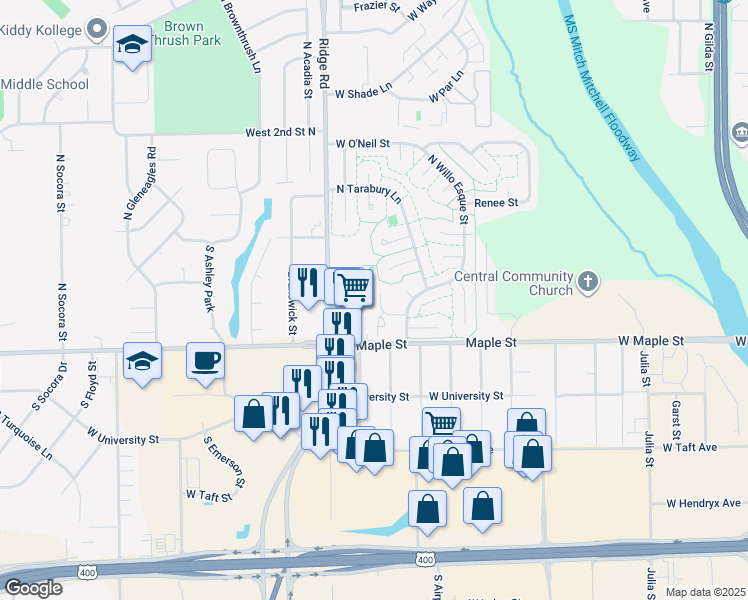 map of restaurants, bars, coffee shops, grocery stores, and more near 7014 West Sheriac Circle in Wichita
