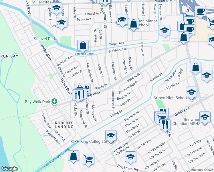 map of restaurants, bars, coffee shops, grocery stores, and more near 1370 Randy Street in San Leandro