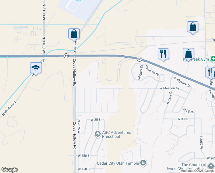 map of restaurants, bars, coffee shops, grocery stores, and more near 2688 West Meadow Street in Cedar City