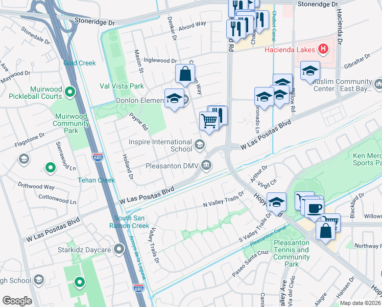 map of restaurants, bars, coffee shops, grocery stores, and more near 3973 Kern Court in Pleasanton