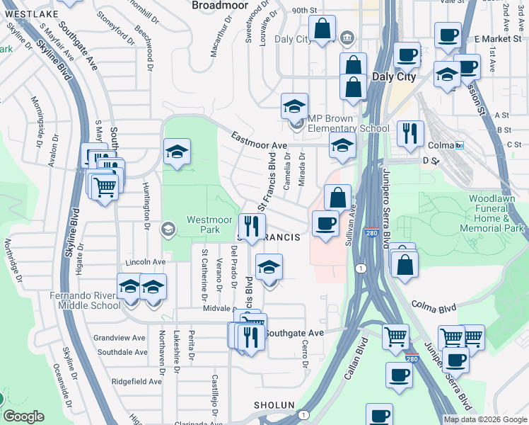 map of restaurants, bars, coffee shops, grocery stores, and more near 295 Alta Loma Avenue in Daly City